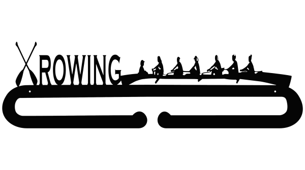 Silhouette of a rowing team in a long, narrow boat with six rowers and a coxswain, cut from steel. The word 'ROWING' is incorporated into the design with crossed oars on the left. The piece has a sleek, modern shape, suitable for wall mounting. Dimensions are 36 inches wide by 10.5 inches high.